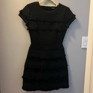 Maje Tiered Fringe Short Sleeve Black Dress